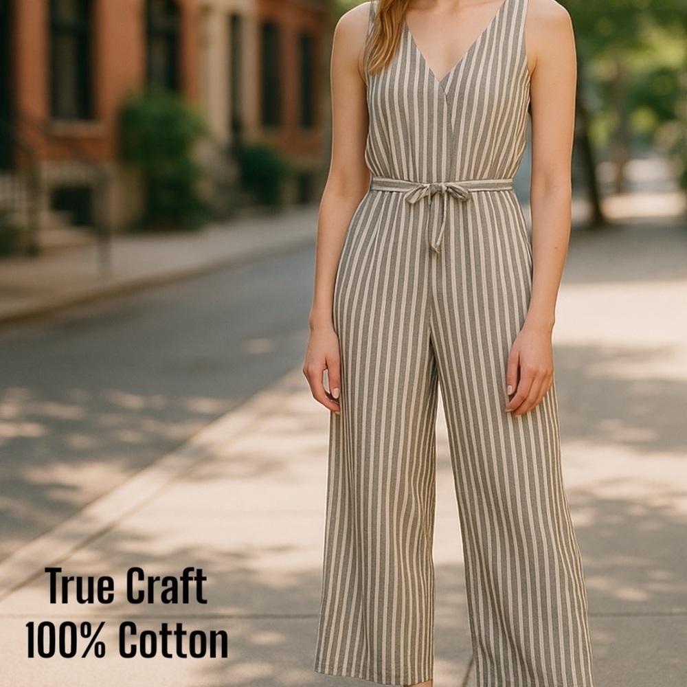 True Craft Surplice Light Khaki Gray 100% Cotton Striped Sleeveless Jumpsuit
